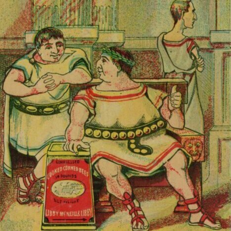 Two ancient Roman figures talk to each other. Between them is a giant tin of corned beef.