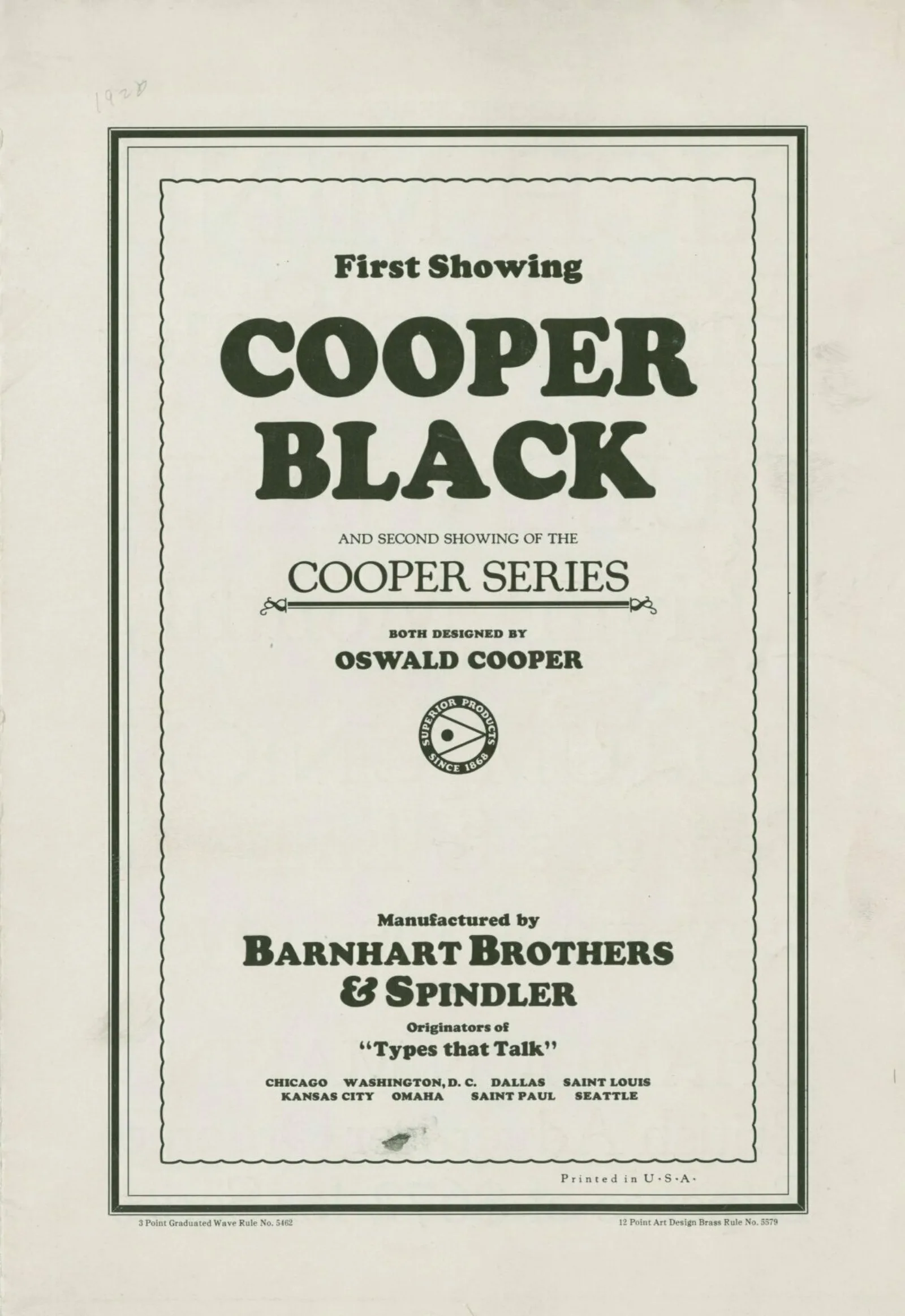 Advertising brochure for Cooper Black. The title on the cover says "First showing, Cooper Black."