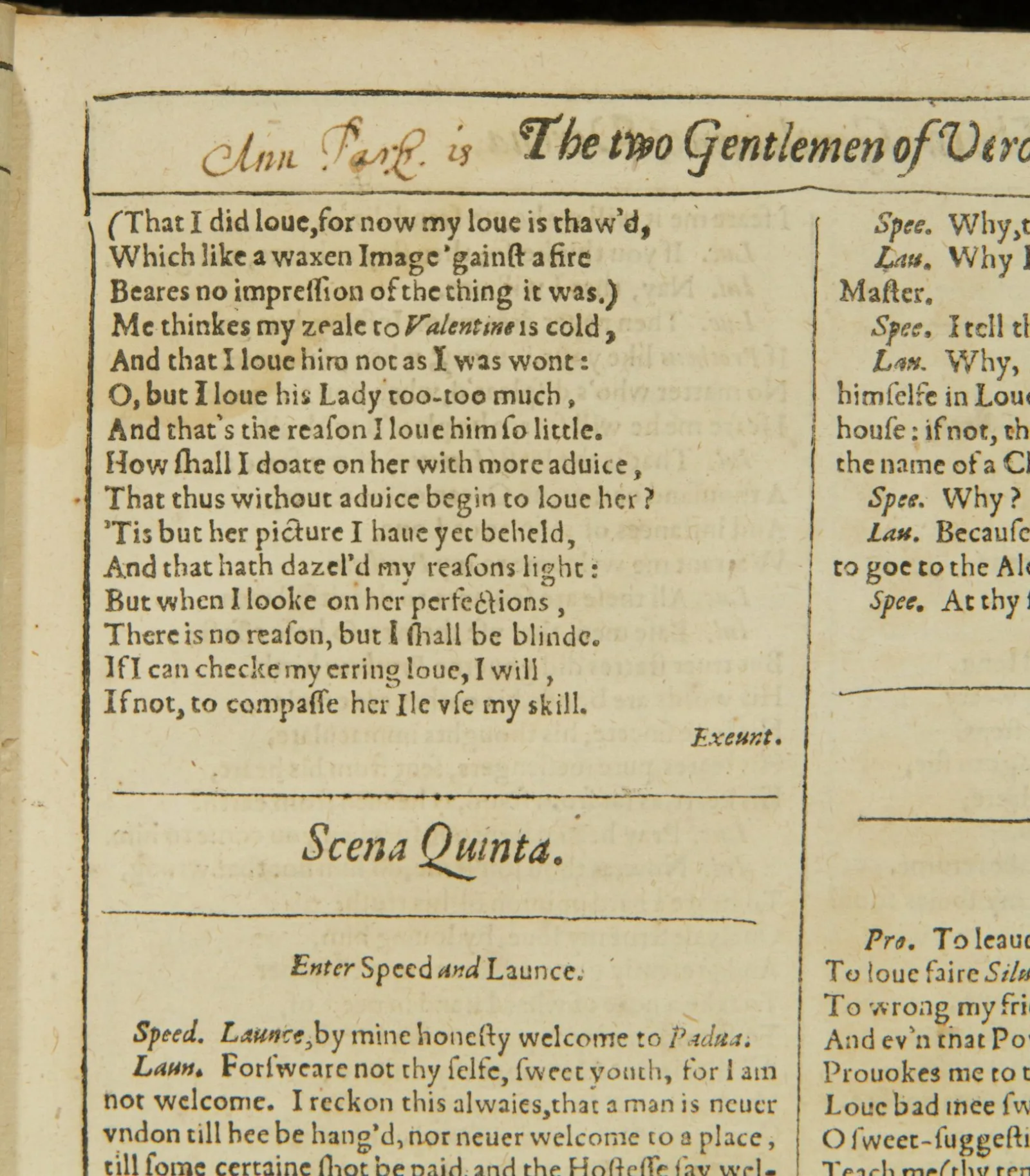 The words “Ann Park is” appear in handwriting in a page from the Shakespeare First Folio.
