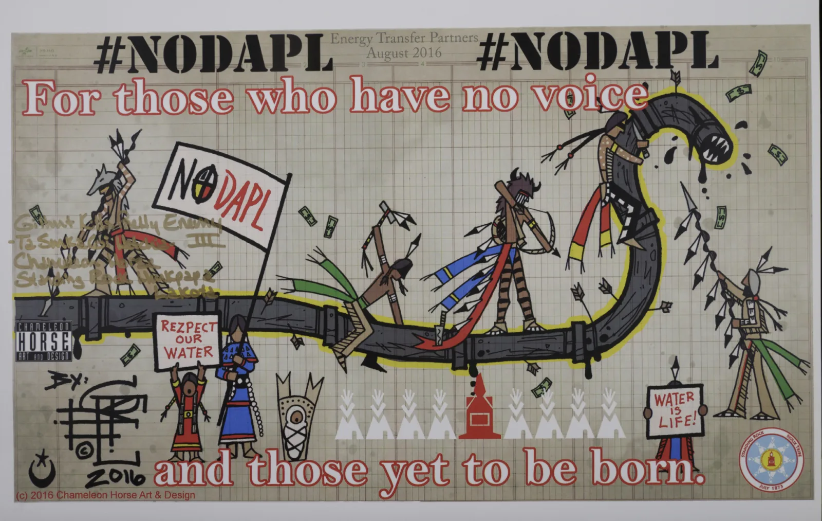 Native people are protesting and attacking a giant animated pipeline monster with sharp teeth. The words "#NoDAPL. For those who have no voice and those yet to be born" are printed across the front.