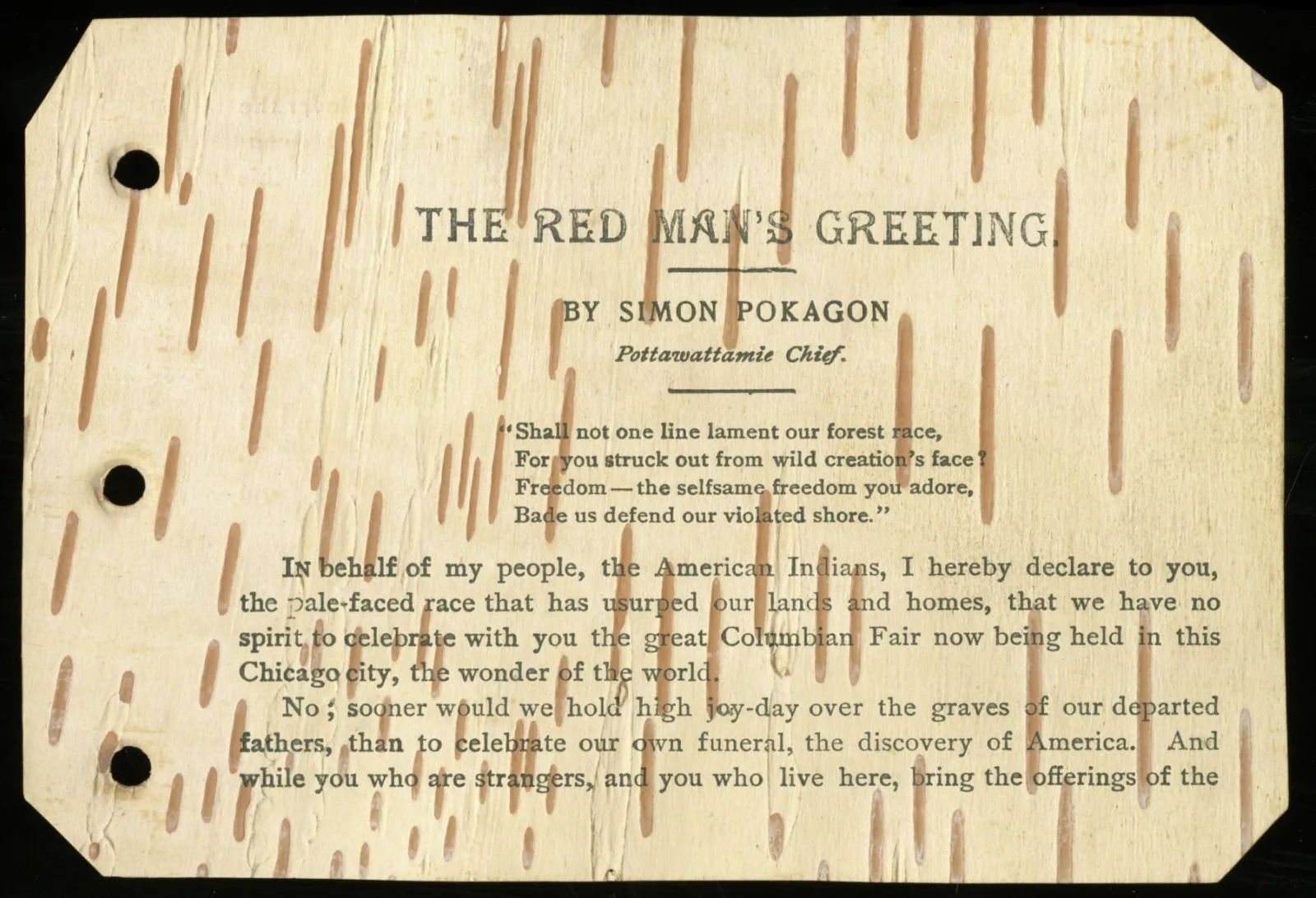 The opening page of Simon Pokagon's "The Red Man's Greeting," printed on birchbark
