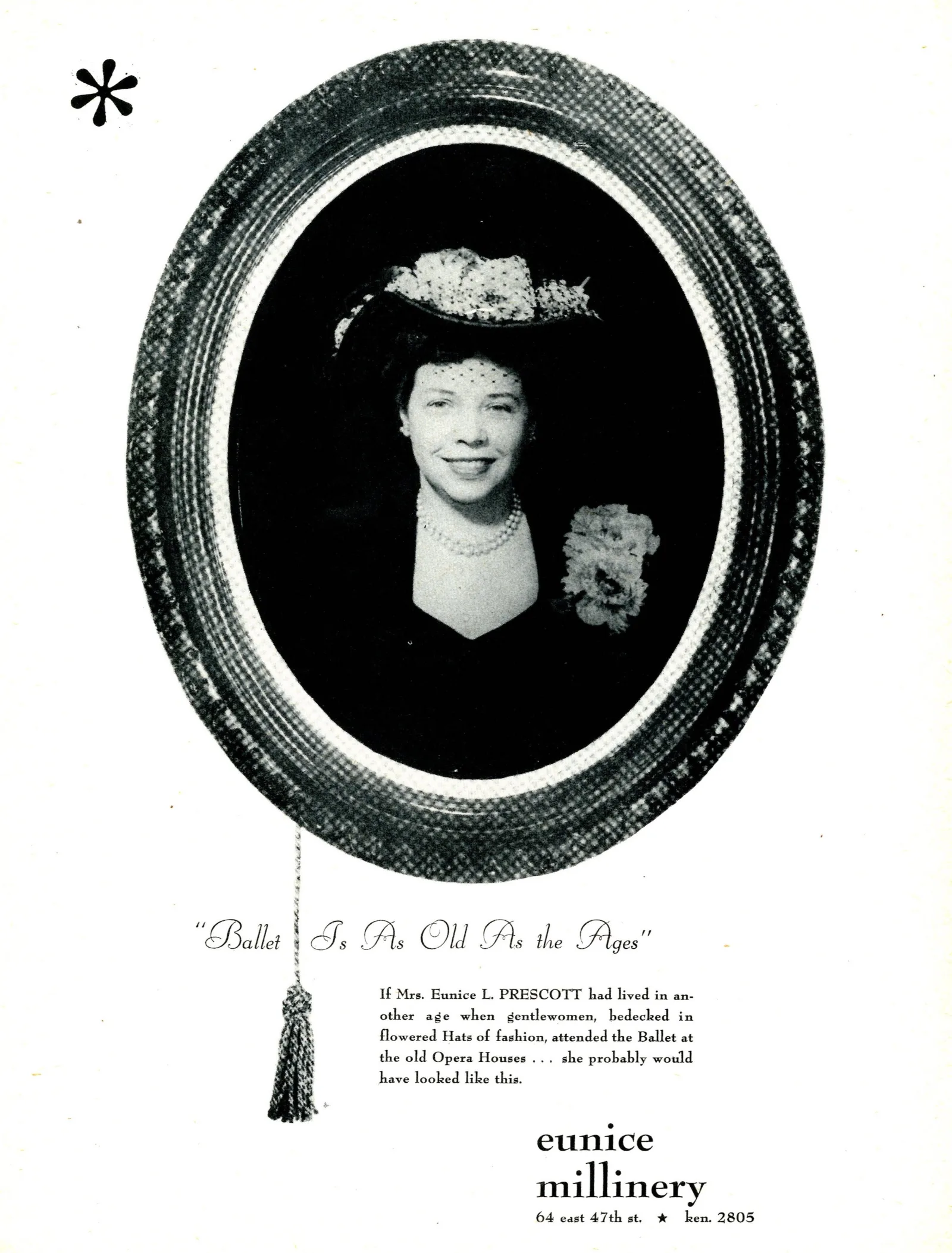 A portrait of Eunice wearing one of her hats. At the bottom of the advertisement is the name of her shop, Eunice Millinery, and the address.