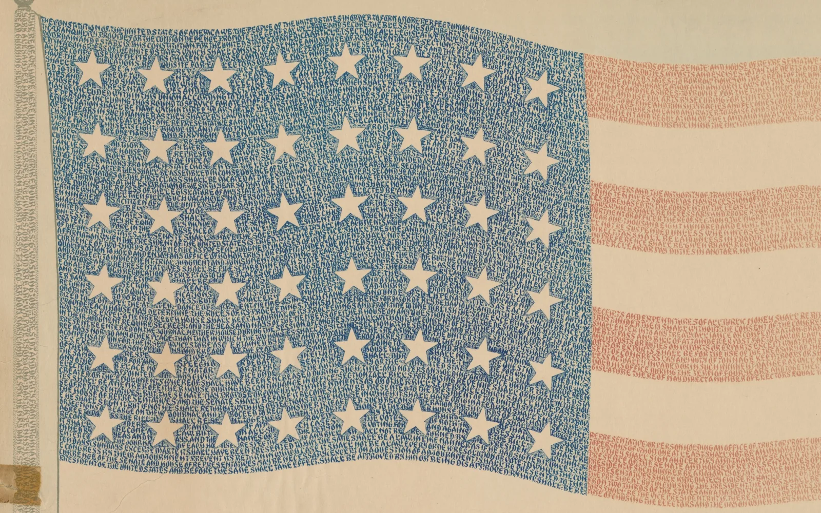 Portion of a calligraphic piece made by NeJame. NeJame lettered the US Constitution in the shape of the US flag. Different portions of the piece are in red and blue.