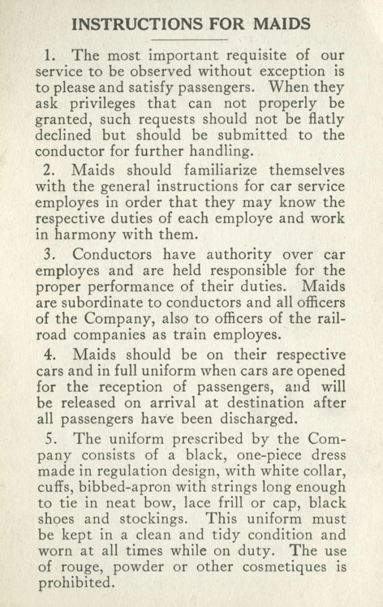 A list of rules for Pullman Company maids to follow.