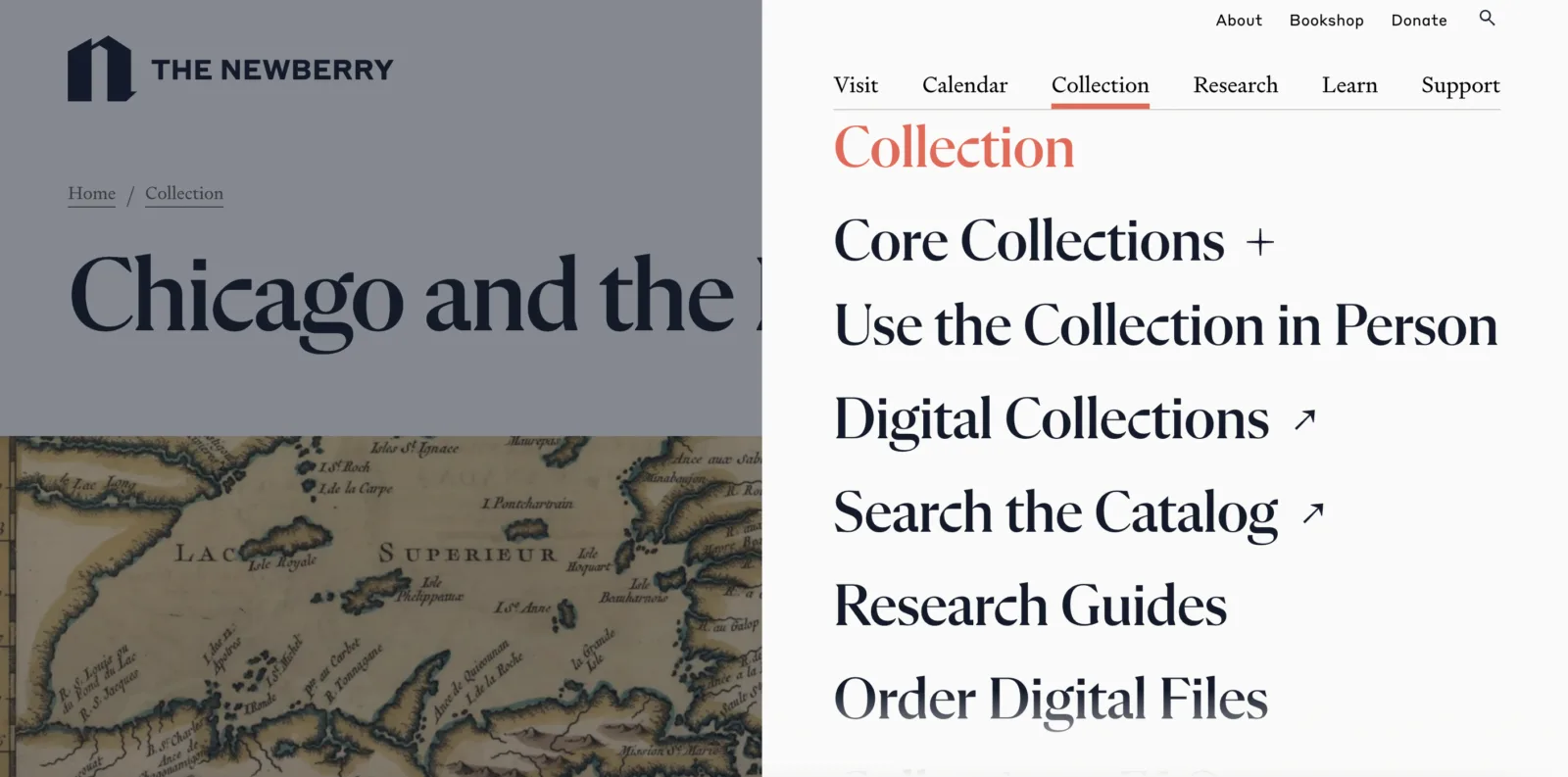 A website menu has a list of pages related to the Newberry collection.
