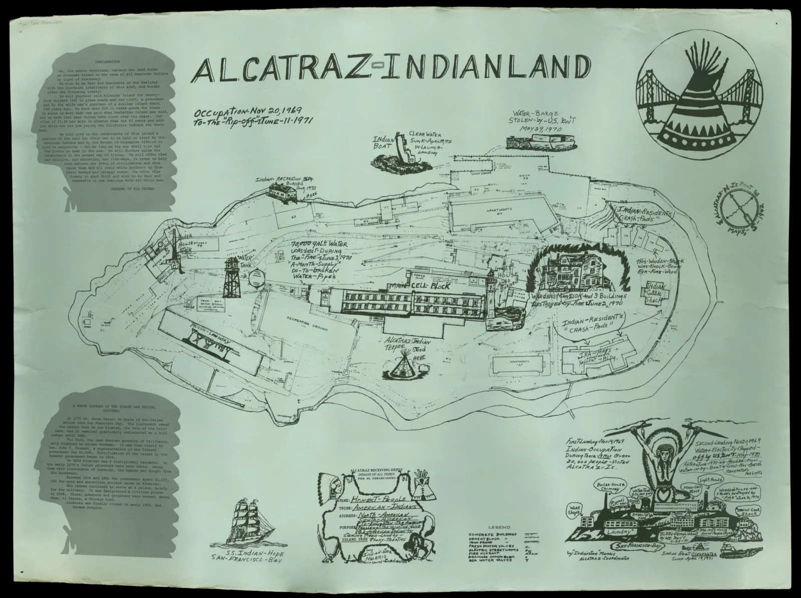 Oriented with north at upper left. Profile view of Alcatraz Island at lower right. Printed on light blue paper. Includes proclamation of Indians of All Tribes and text on the history of Alcatraz Island and prison.