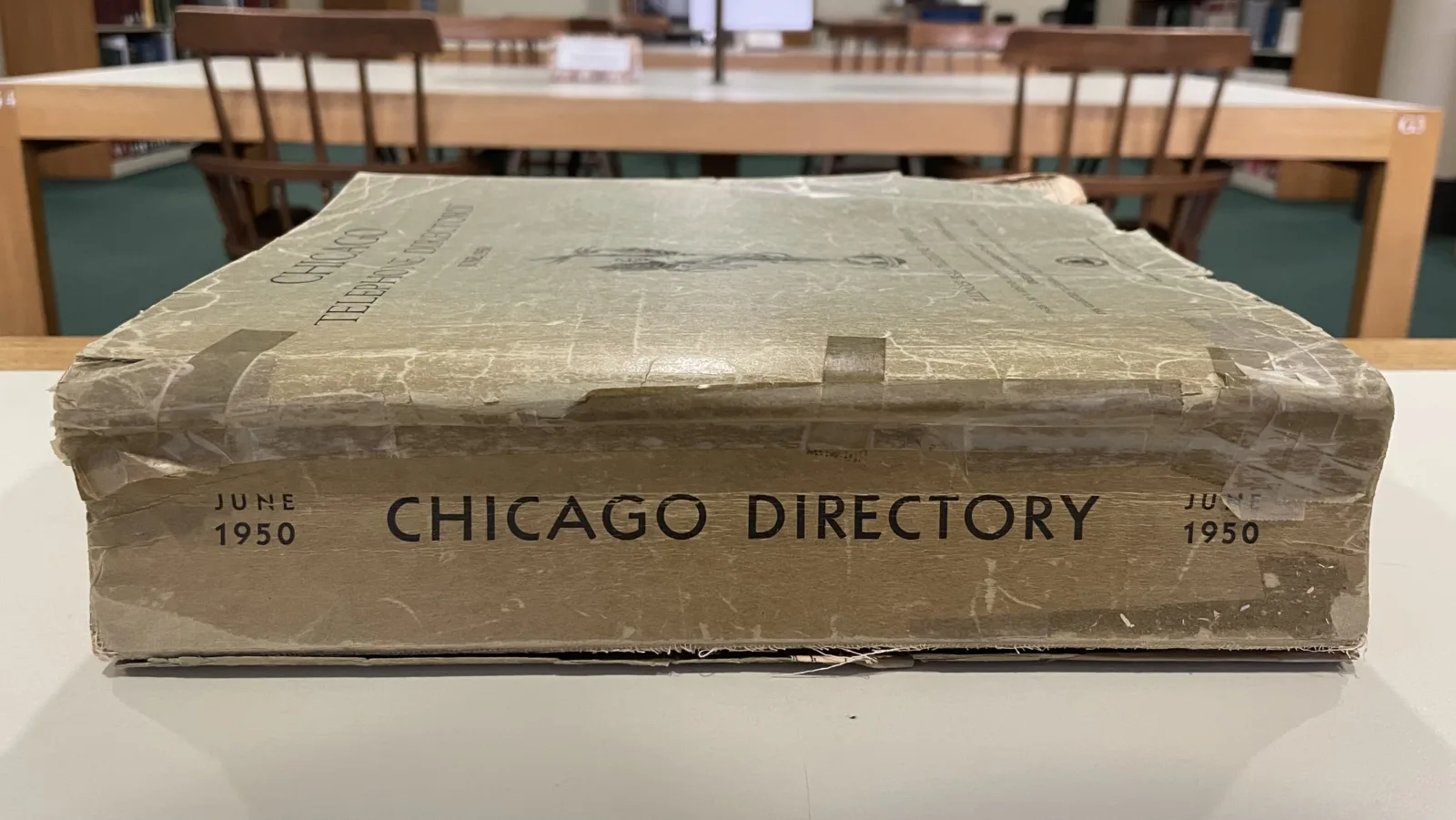 Spine of a June 1950 Chicago telephone book. The spine reads, "Chicago Directory."