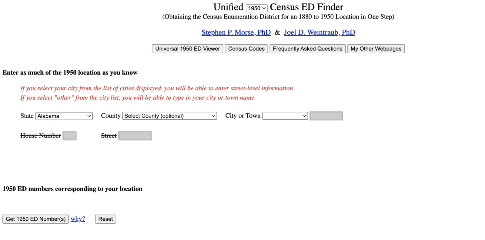 Screenshot of Steve Morse's website landing page. It prompts visitors to enter a state, county, and city or town to find the appropriate enumeration district in the 1950 census.