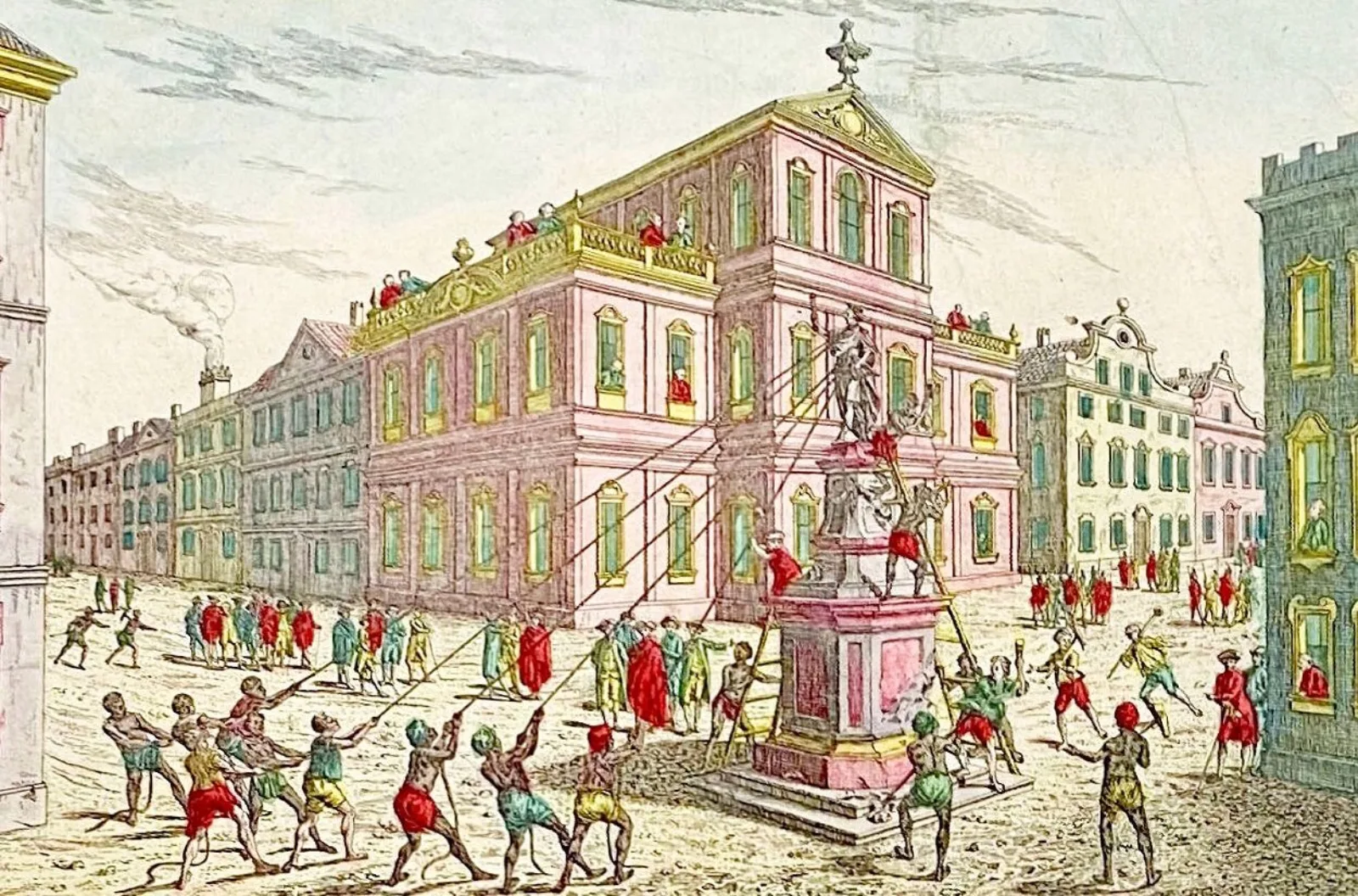 Colonists topple a statue of King George III in New York City