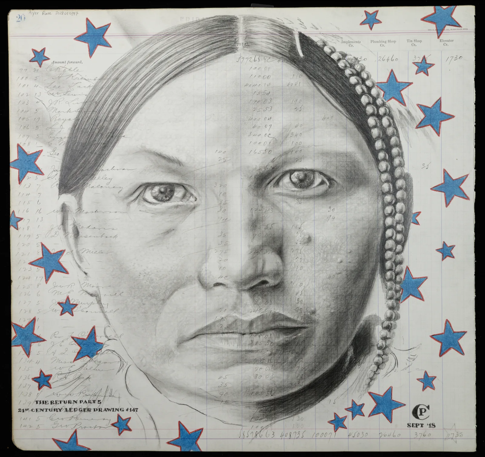A close up portrait of a Native woman. Blue stars with red outlines surround her.