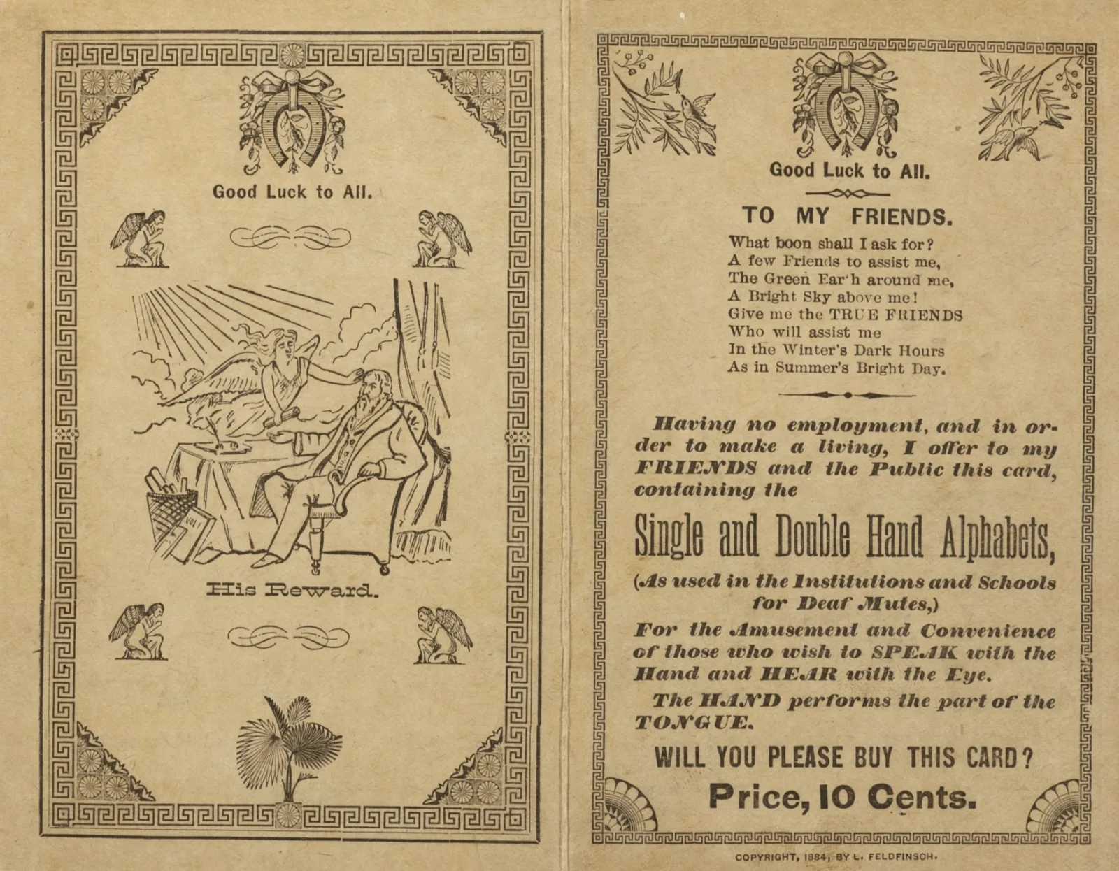 The headings "Good Luck to All," "To My Friends," and "Single and Double Hand Alphabets" are on the front cover of the leaflet.