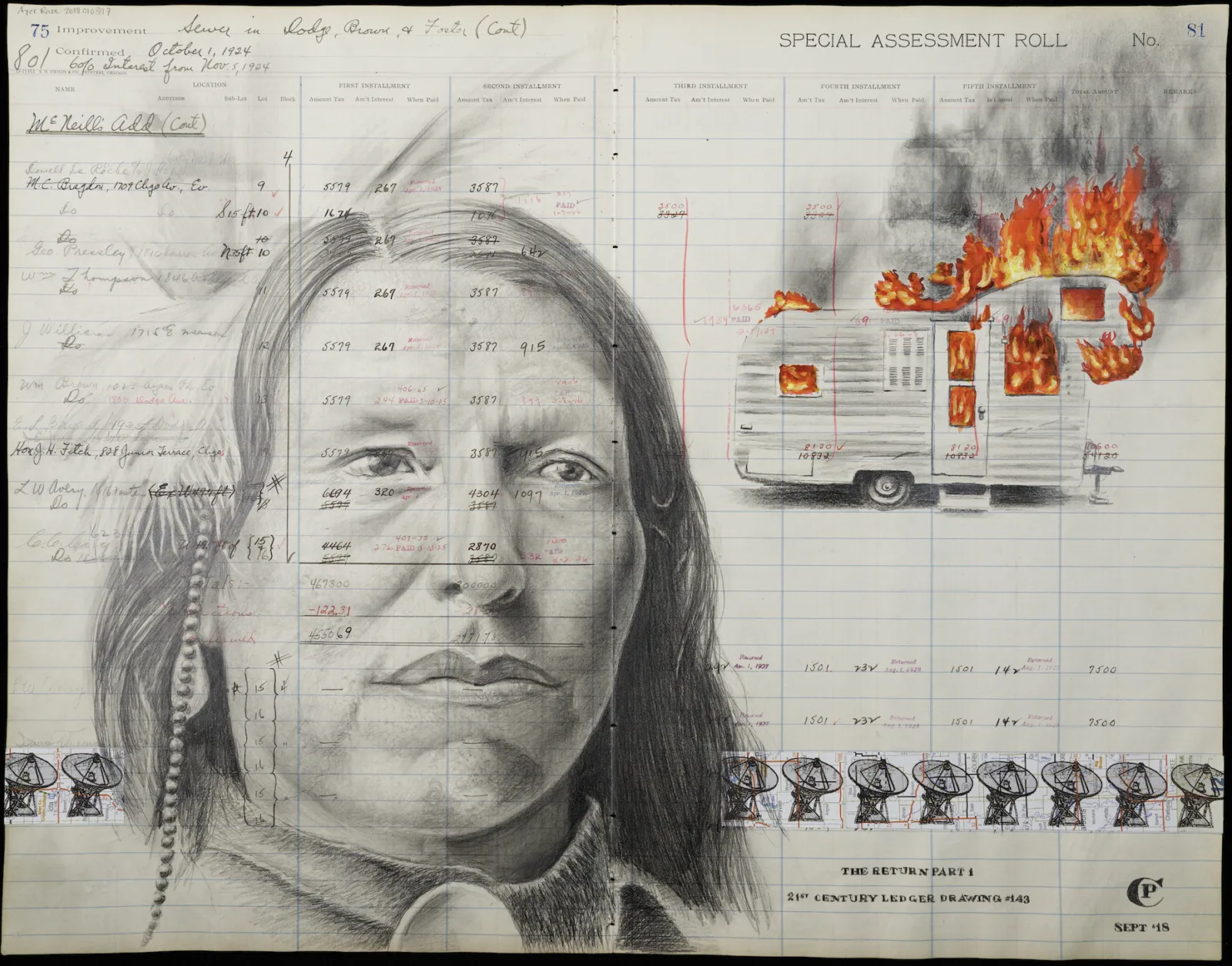 A portrait of a Native man on ledger paper. Behind him is a burning trailer.