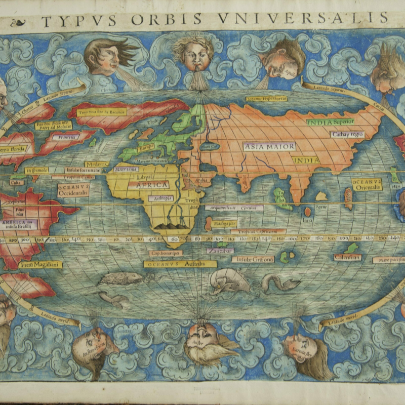 The top of the hand colored map reads, "Typvs orbis vniversalis." Surrounding the continents are ten floating heads that are blowing thee directional winds across the world.