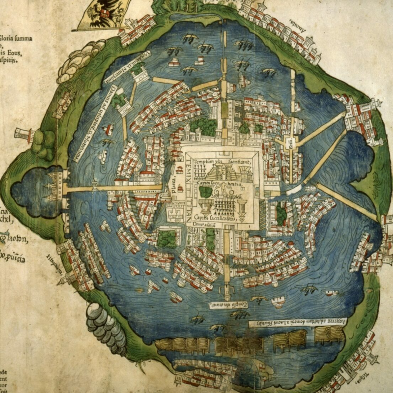Hand-drawn and colored map of Tenochtitlan, with the temple of Teocalli in the center surrounded by homes, bridges, buildings, and blue water.