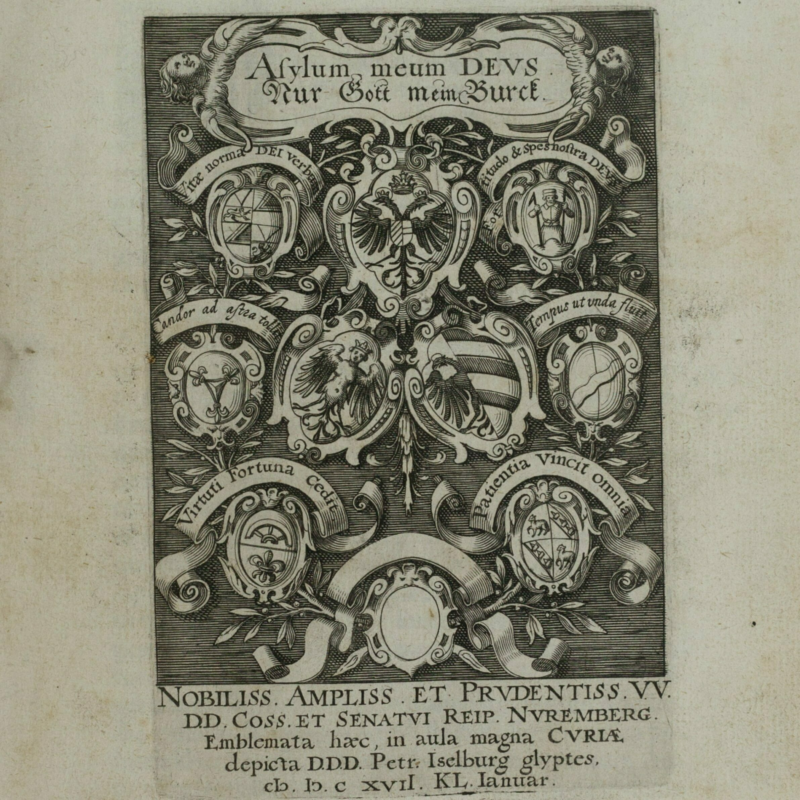 Different emblems in black and white, each surrounded by Latin text
