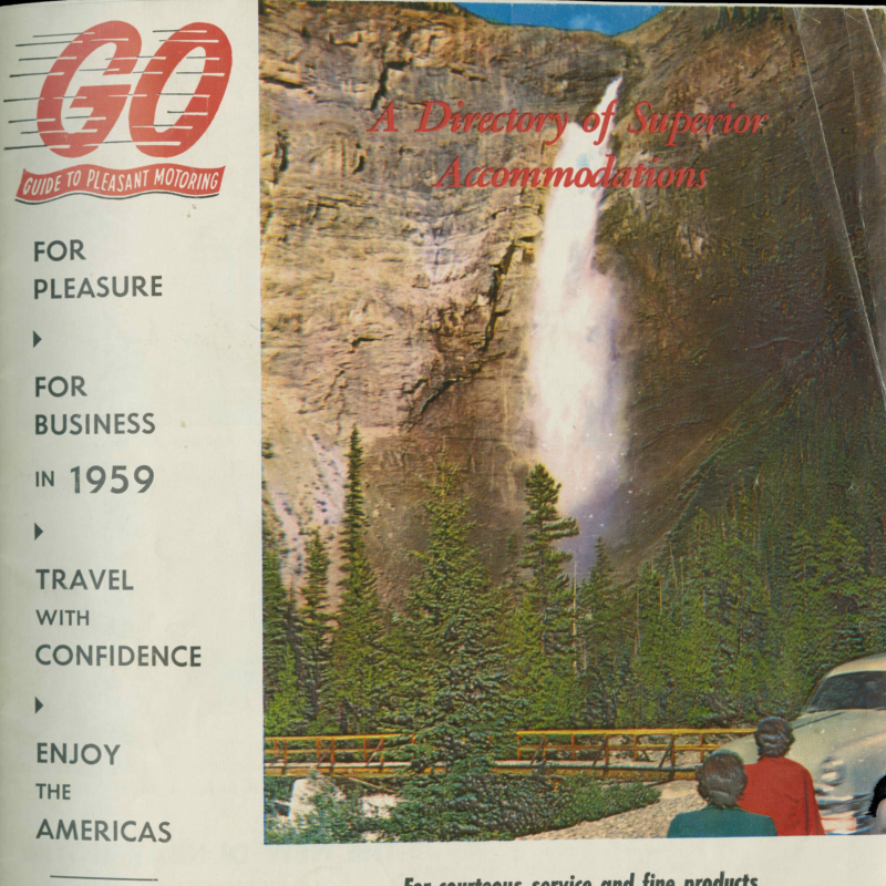 The top of the guide reads, "Go: Guide to Pleasant Motoring. A Directory of Superior Accommodations." The illustration behind the text shows two people next to a car looking up at a waterfall surrounded by pine trees at the base.